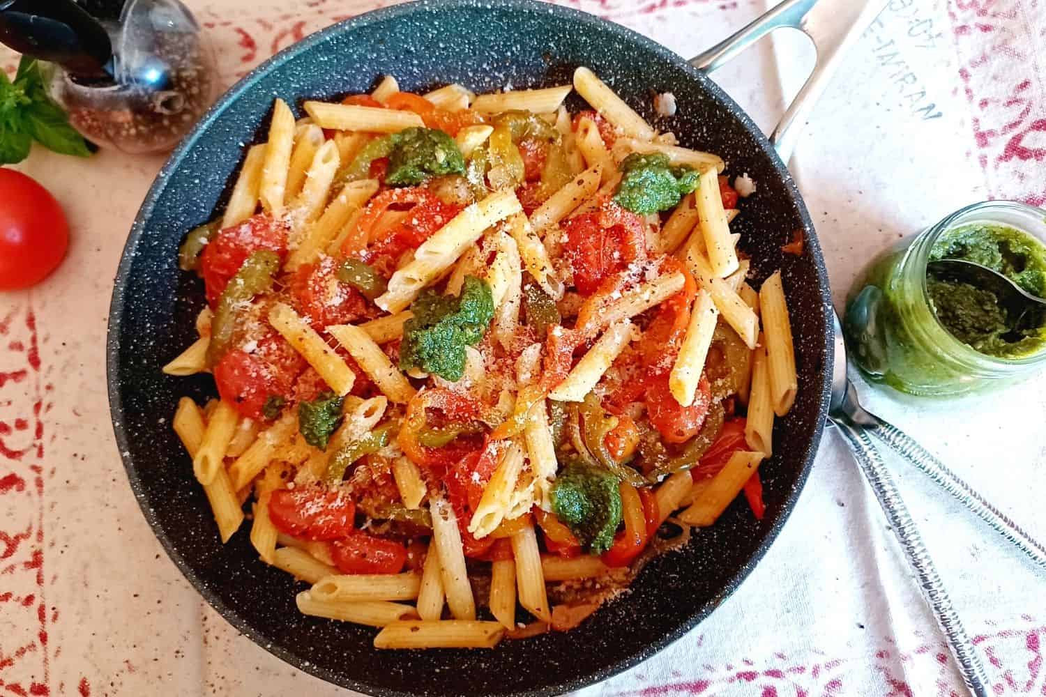 Pasta Peperonata Sauce With Homemade Pecan Nut Pesto