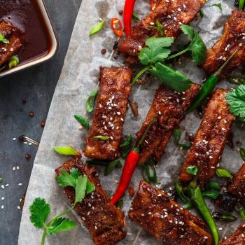 Sticky Pork Strips with Baby Potatoes
