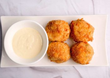Chicken and Pea Rice Balls with Tangy Mayo