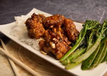 Sticky Cashew Chicken with Jasmine Rice and Asian Greens