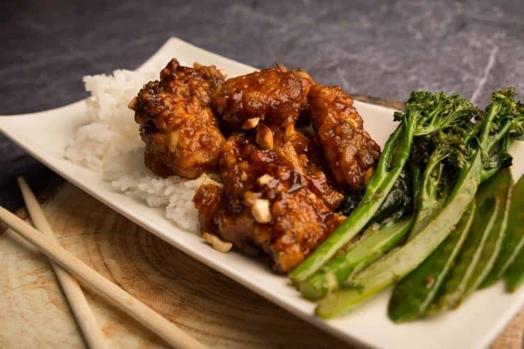 Sticky Cashew Chicken with Jasmine Rice and Asian Greens