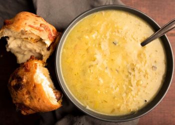 Creamy Potato and Burnt Leek Soup with Garlic Herb Bun