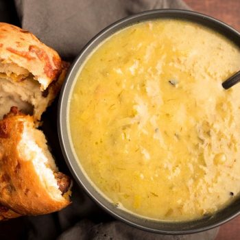 Creamy Potato and Burnt Leek Soup with Garlic Herb Bun