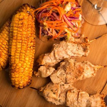 Chicken Kebabs with Grilled Corn and Crunchy Slaw