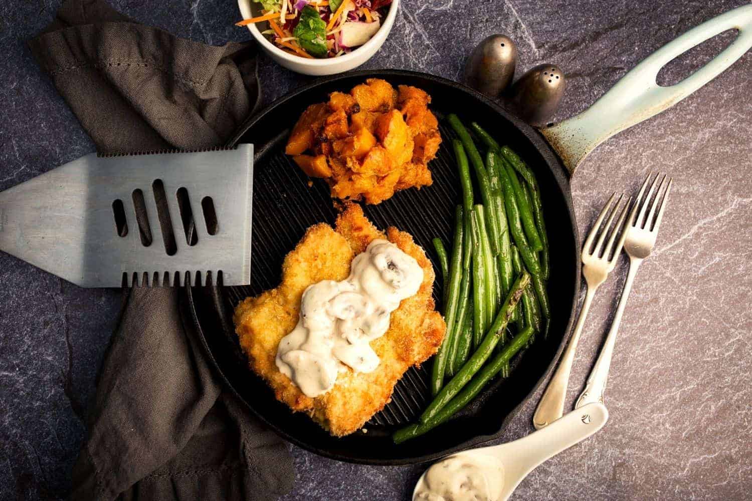 Chicken Schnitzel with Mushroom Sauce, Roasted Butternut & Green Beans