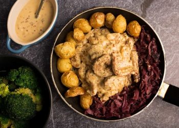 Mustard Fry's Chicken Strips with Braised Red Cabbage, Roasted Potato & Broccoli