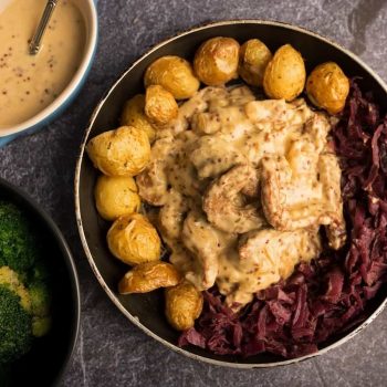 Mustard Fry's Chicken Strips with Braised Red Cabbage, Roasted Potato & Broccoli