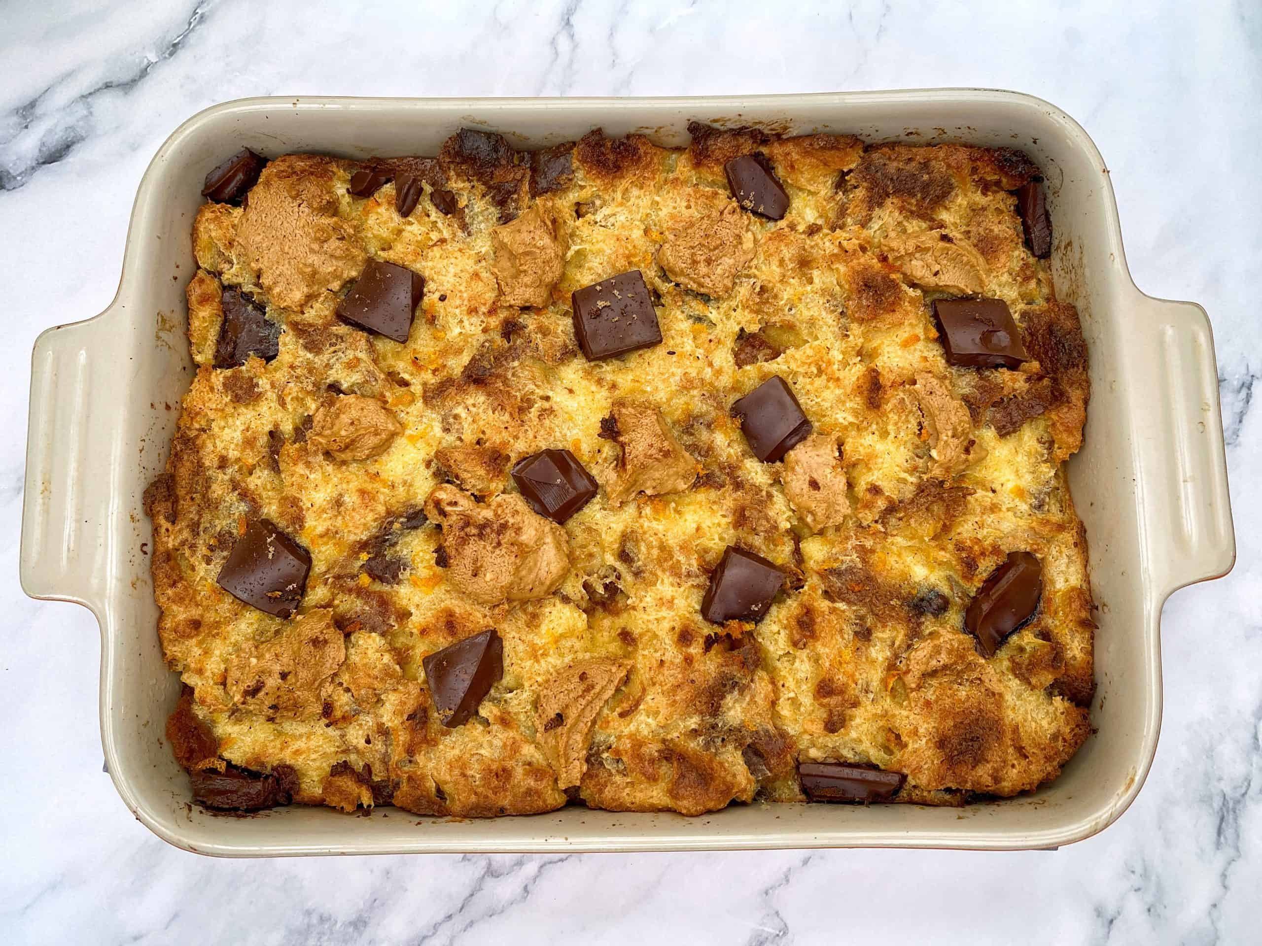 Panettone bread and butter pudding, with chocolate and peanut butter