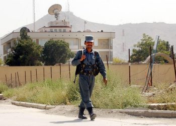 A guard walks in front of the British Embassy in Kabul, Afghanistan. Credit;PA