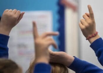 Children raising their hands in a classroom.