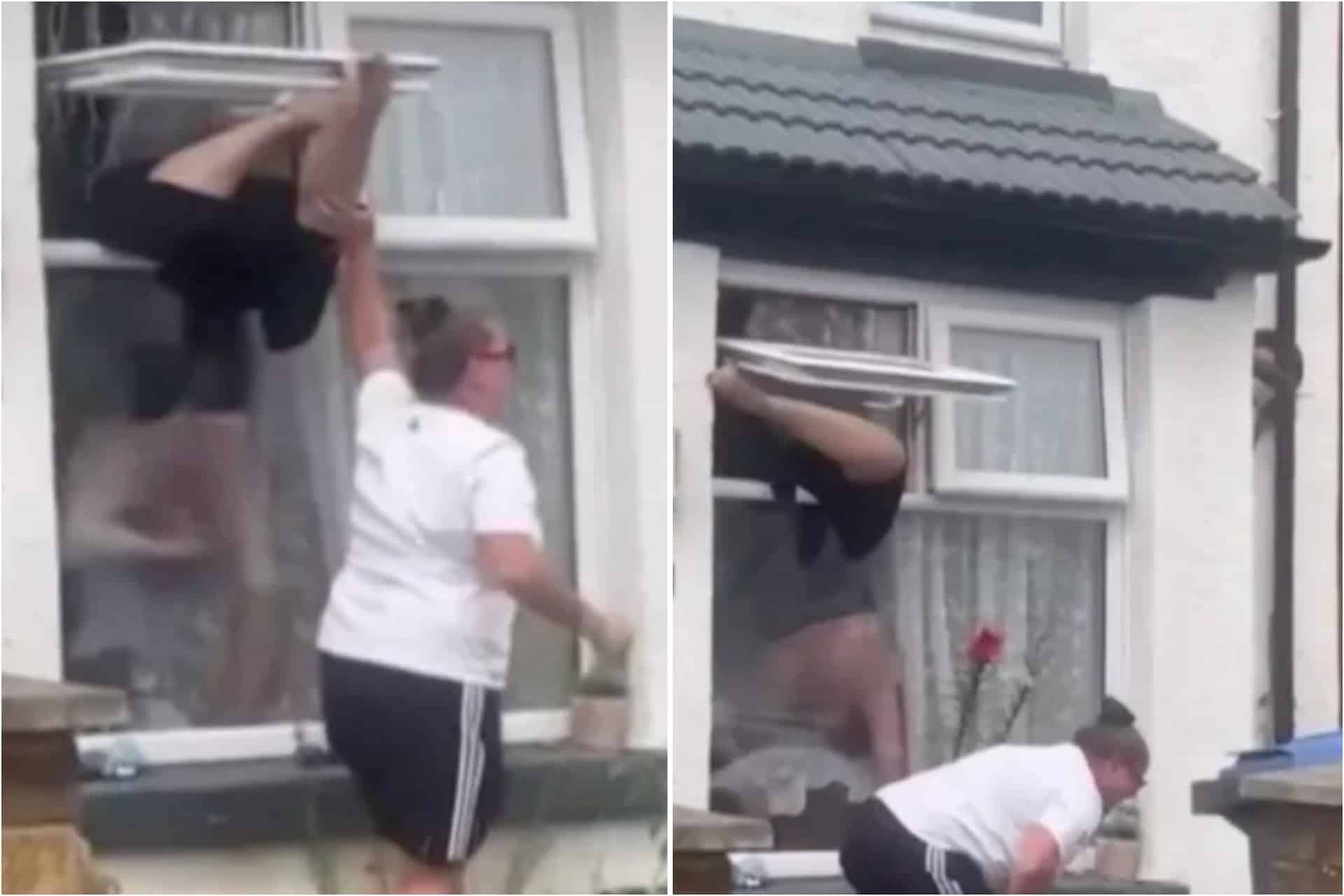 lady gets stuck in window dress falls down Woman ends up upside down, topless and trapped trying to get in through own  window