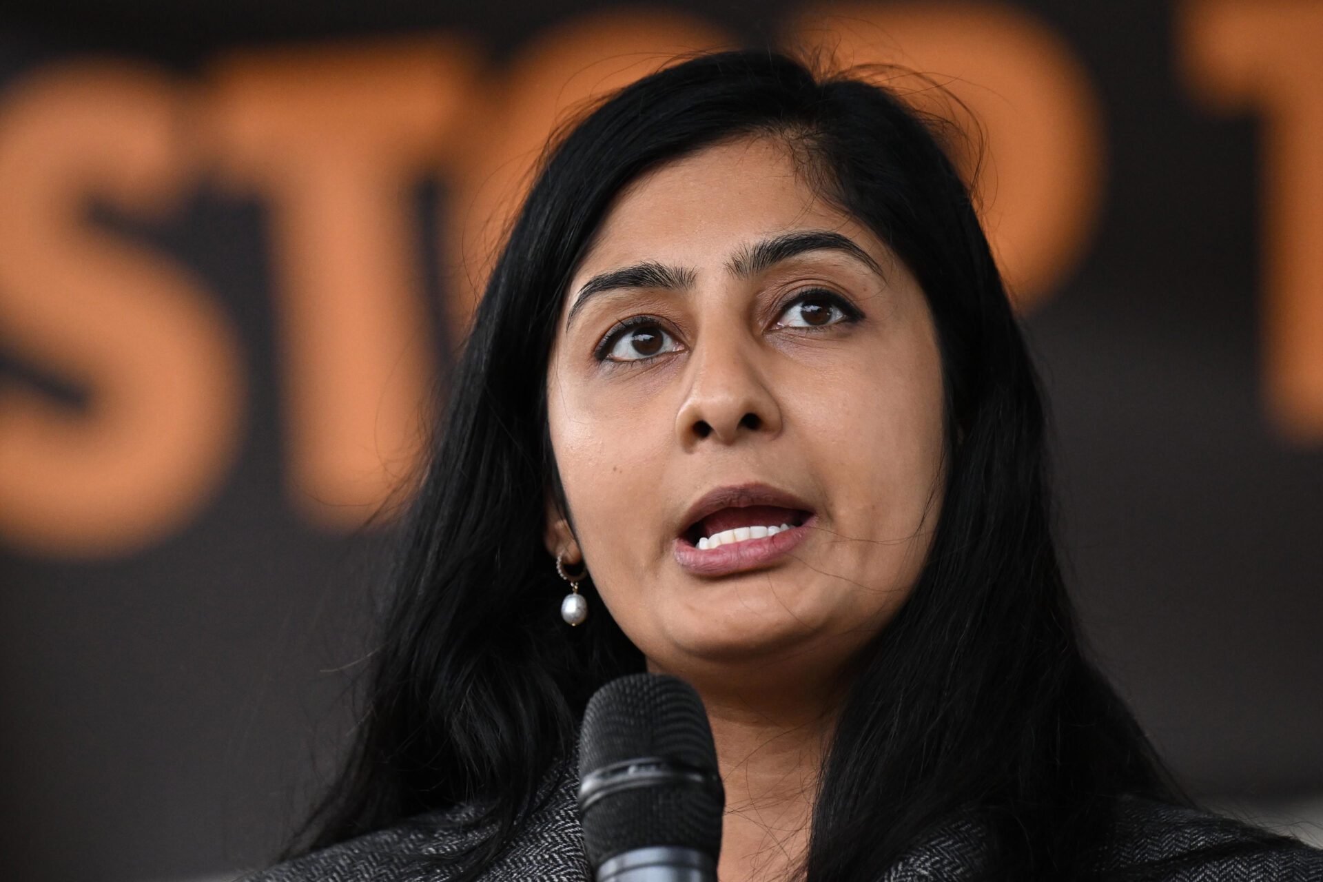 LONDON, ENGLAND - SEPTEMBER 17:  Labour Party MP Zarah Sultana speaks from the stage in Parliament Square during a protest against the State Visit of US President Donald Trump on September 17, 2025 in London England. (Photo by Leon Neal/Getty Images)