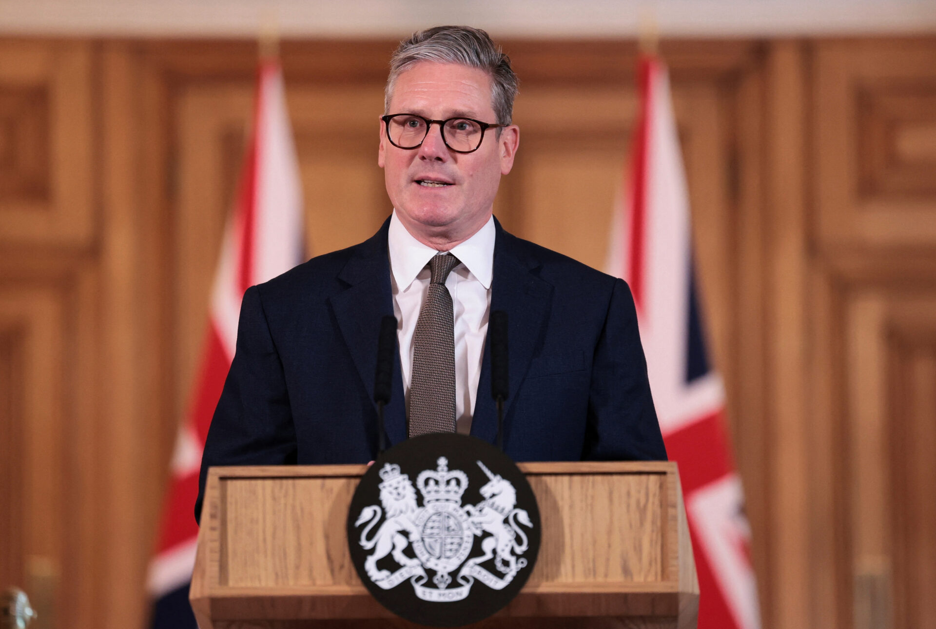 LONDON, ENGLAND - JULY 6: New British Prime Minister, Keir Starmer holds a press conference, following his first cabinet meeting at Downing Street on July 6, 2024 in London, England. The Labour Party won the UK general election taking 411 of the 649 seats in Parliament. Starmer has pledged to 'reset' Britain as Labour takes over after 14 years of Conservative rule. (Photo by Claudia Greco-WPA Pool/Getty Images)