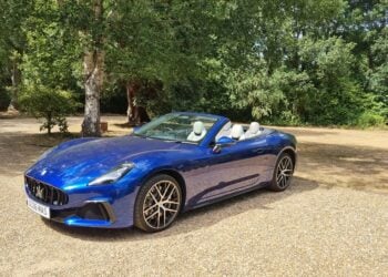 Maserati GranCabrio Trofeo front on view with roof down