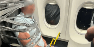 man duct taped to seat